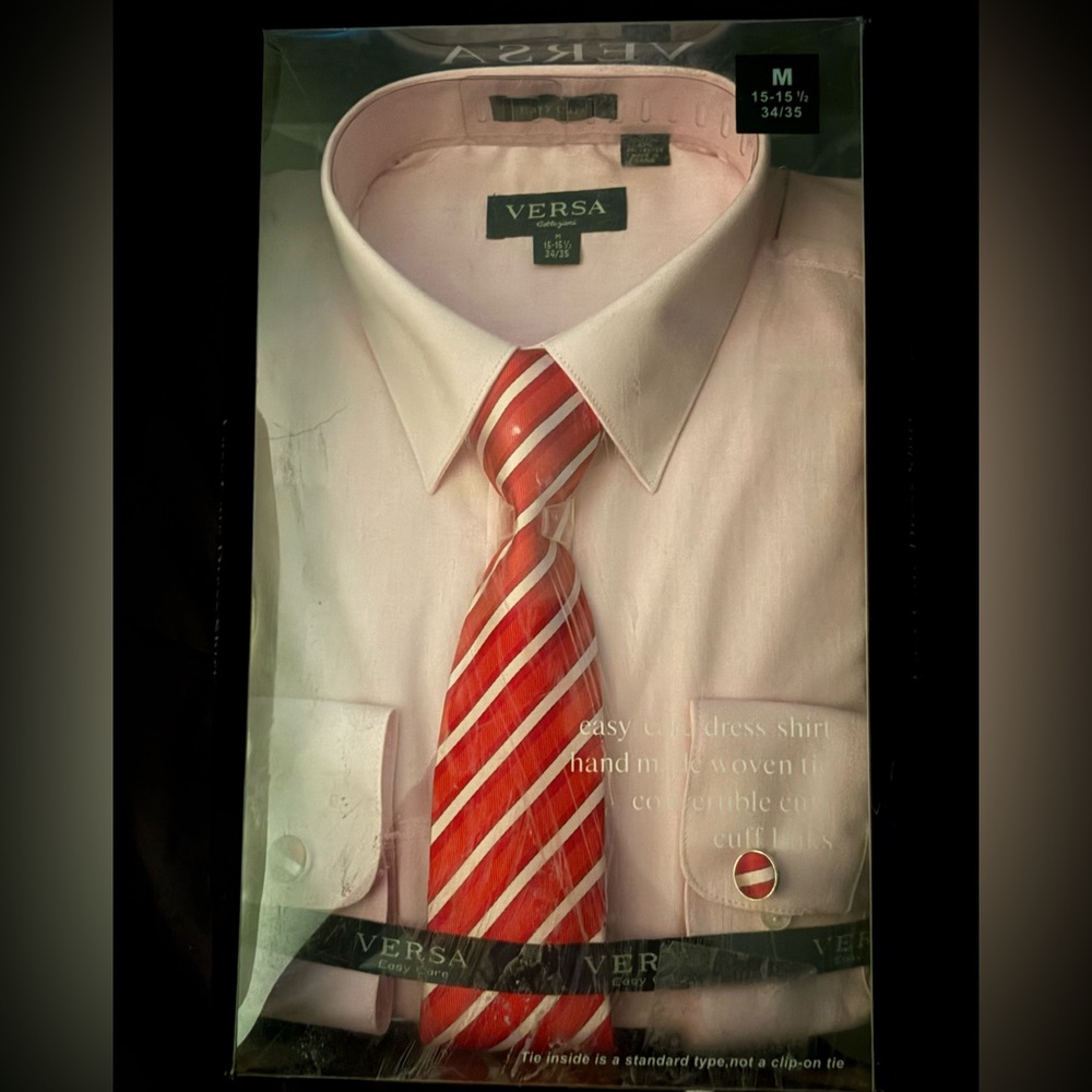 Men's Pink Dress Shirt with Red Striped Tie